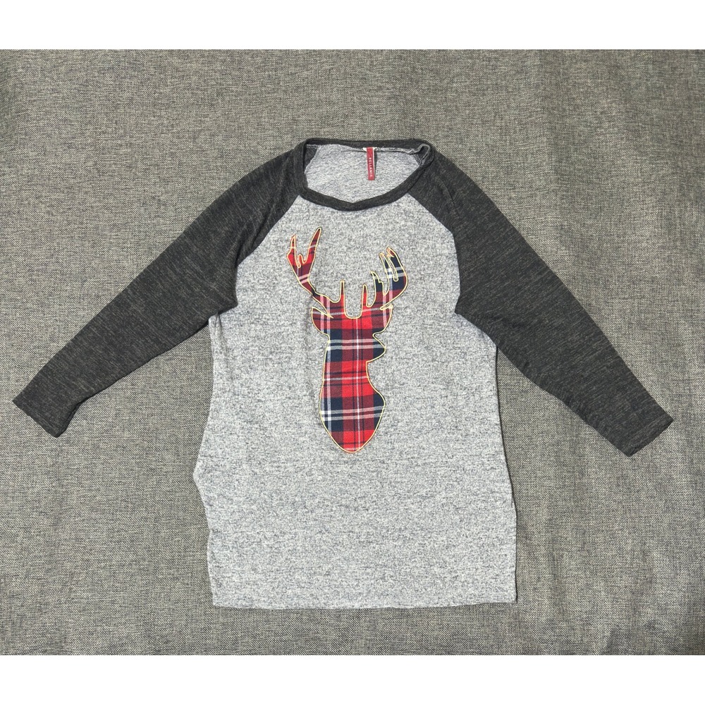 Bellamie Womens Medium T-Shirt Gray Deer‎ Plaid Raglan Sleeve Pocket